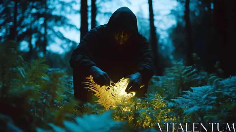 Hooded Person in Woods with Light AI Image