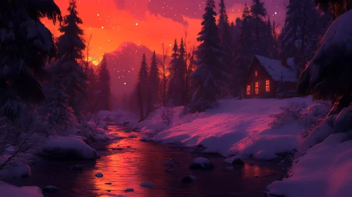 Snowy Forest Cabin at Sunset