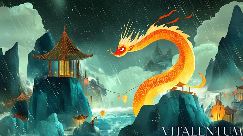 Asian Dragon and Pagoda Scene AI Image