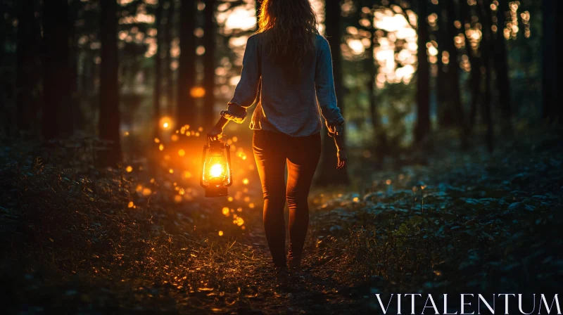 Woman with Lantern in Dark Forest AI Image