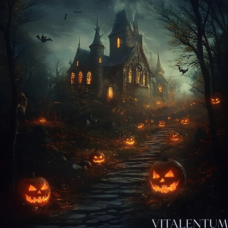 Halloween Night at the Gothic Manor AI Image