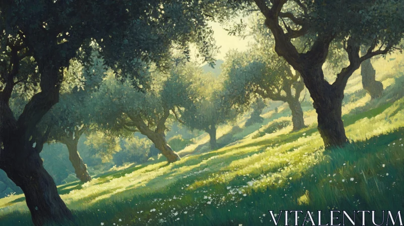 AI ART Sunlit Forest with Lush Greenery and Shadows