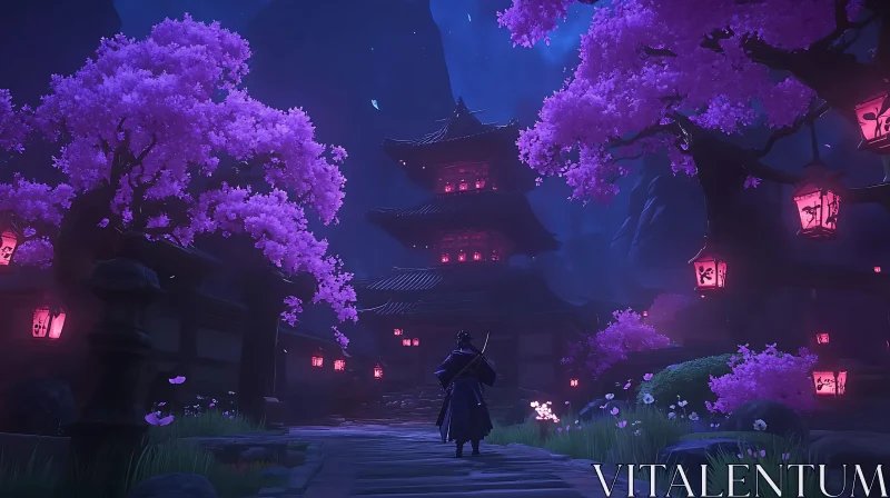 Pagoda and Blossoms in the Moonlight AI Image