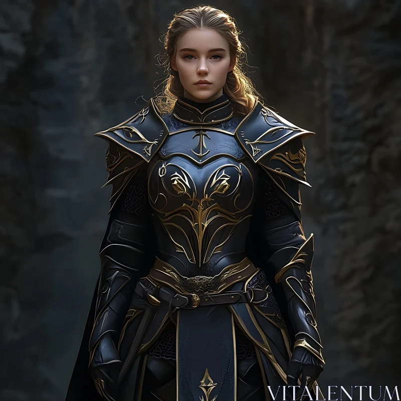 AI ART Female Warrior in Black and Gold Armor