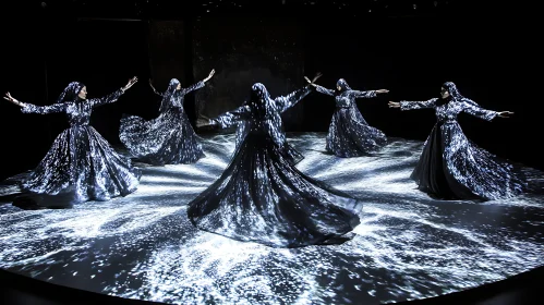 Figures in Light-Speckled Gowns on Stage