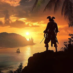 Seascape with Pirate Silhouette at Sunset