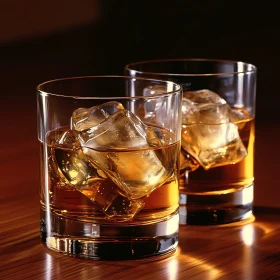 Iced Whiskey Glasses on Wooden Table