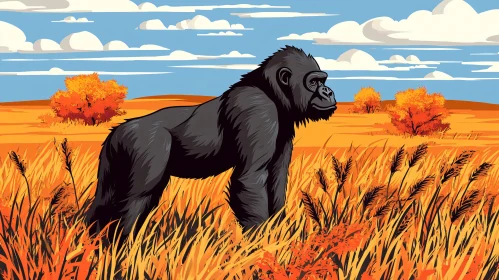 Wild Gorilla in Autumnal Savannah