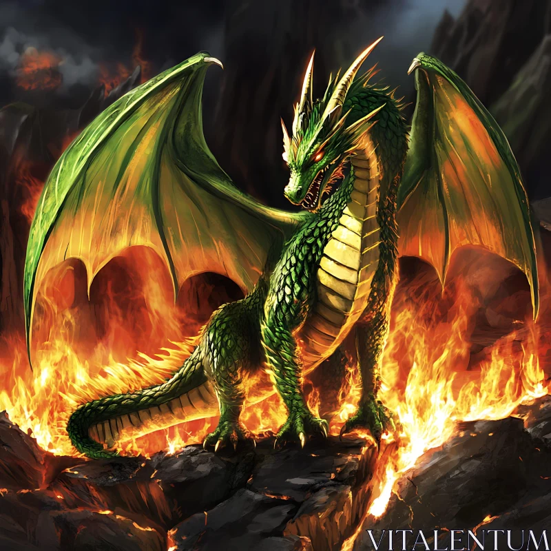 Emerald Dragon in Fire Landscape AI Image