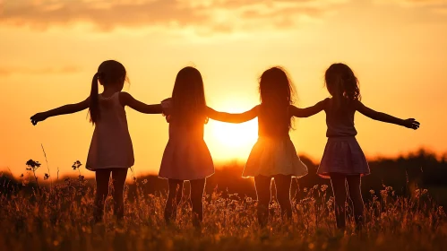 Sunset Silhouette of Four Friends