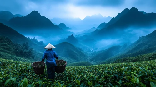 Asian Farmer in Tea Field