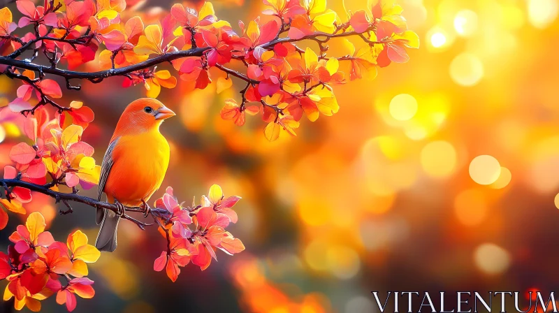 AI ART Orange Bird on Autumn Branch