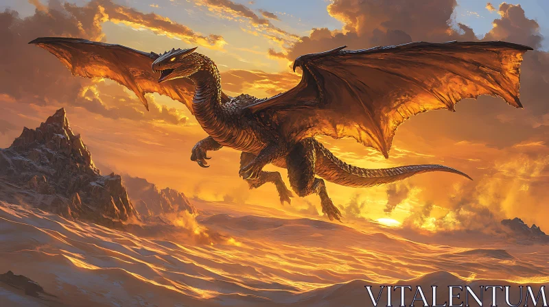 AI ART Sunset Dragon Soaring Above the Mountains