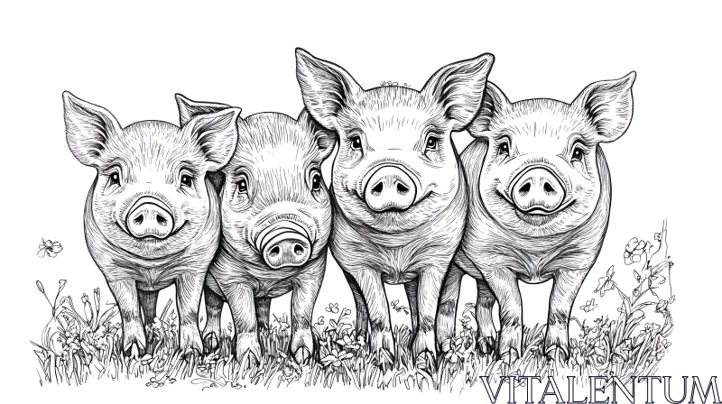 Cute Piglets in Floral Field Illustration AI Image