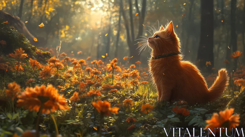 Ginger Cat in Sunlit Forest AI Image