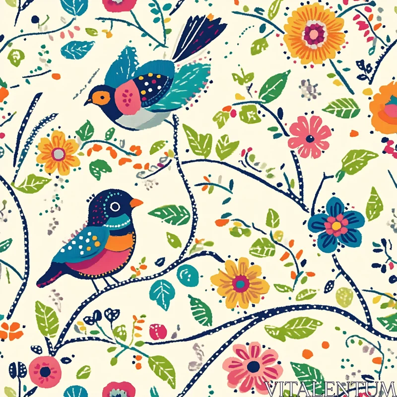 Decorative Nature Pattern with Birds and Flowers AI Image