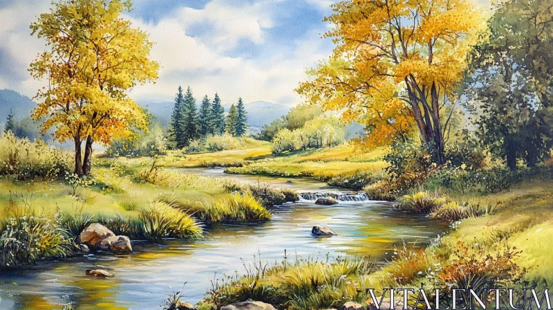 AI ART Golden Autumn Trees by a Tranquil Meadow River