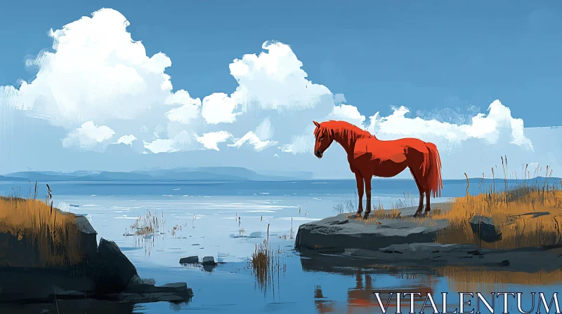 AI ART Serene Landscape with Red Horse