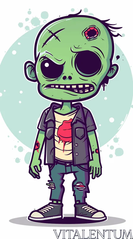 Cartoon Illustration of a Green-skinned Zombie AI Image