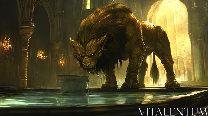 Golden Lion by Water Pool AI Image