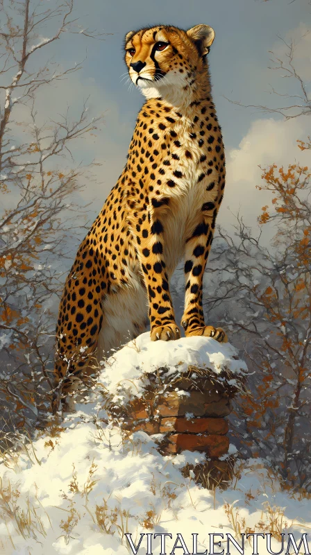 Cheetah on Snowy Pedestal AI Image