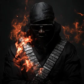 Enigmatic Figure in Dark Setting with Fire