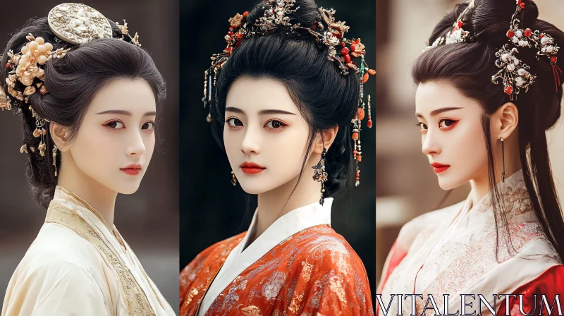 Three Portraits of Woman in Hanfu AI Image