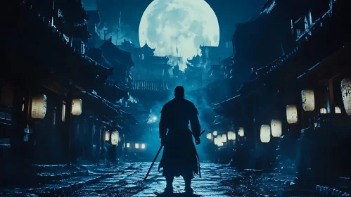 Moonlit Warrior in Ancient Village