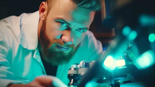 Inquisitive Scientist in a Teal-lit Laboratory - Captivating Image
