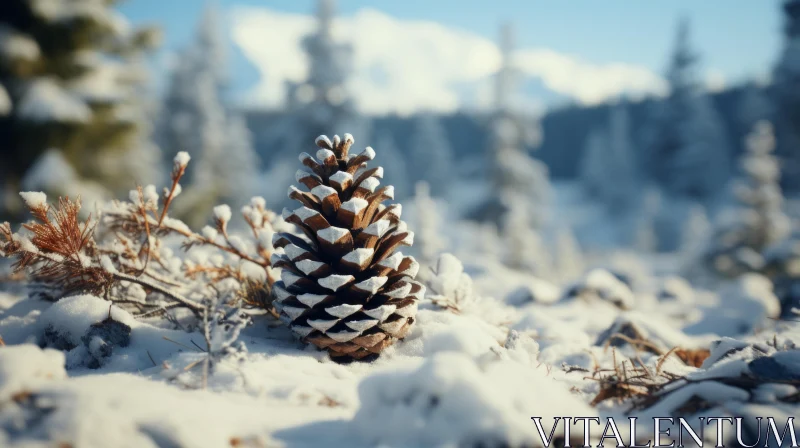 Winter Wonderland: Pine Cone in Snowy Field AI Image