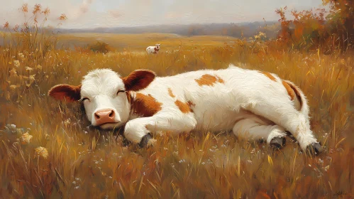 Peaceful Calf in Golden Field