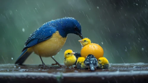 Birds family in the rain