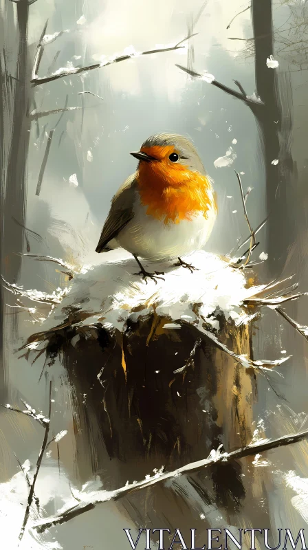 Enchanting Bird in Snow-Covered Forest AI Image