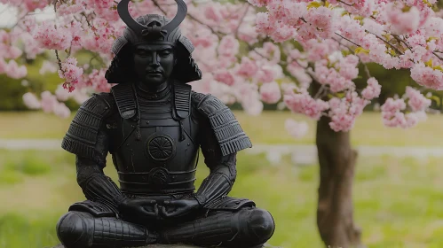 Meditating Samurai Sculpture with Pink Flowers