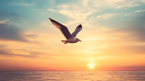 Bird Flying Over Sea at Sunset