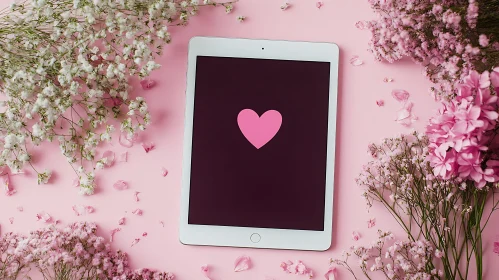 Tablet Surrounded by Flowers with Heart