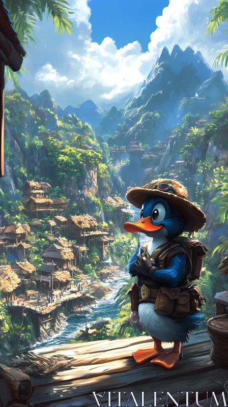 Explorer Duck in Cartoon Landscape AI Image