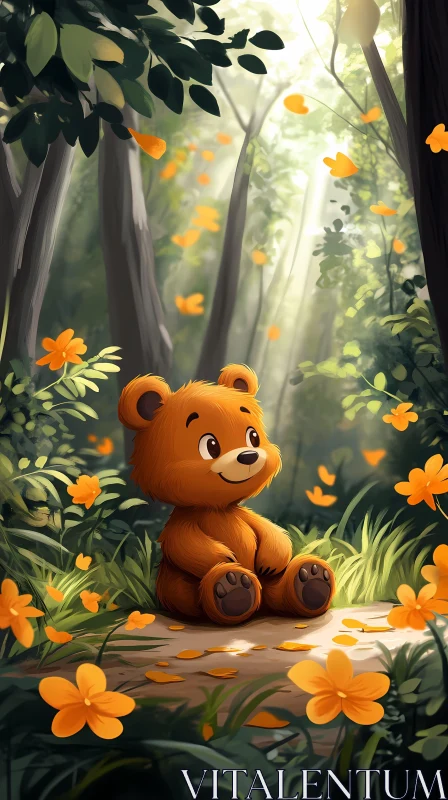 Joyful Bear Amidst Orange Blossoms AI Image