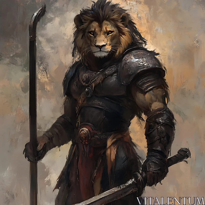 AI ART Armored Lion Warrior with Sword and Staff