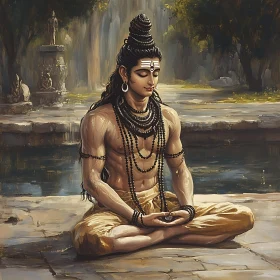 Serene Man Meditating by Water