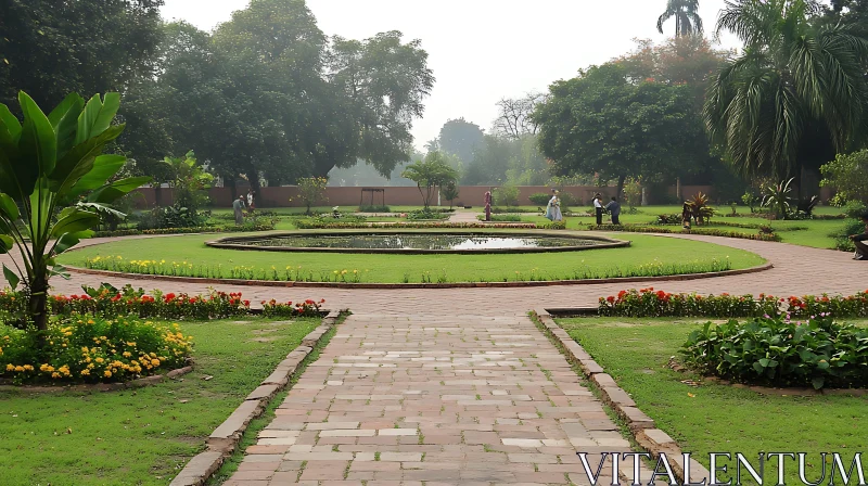 Peaceful Garden with Circular Pond AI Image