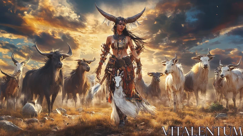 AI ART Mystical Woman with Horns in Field