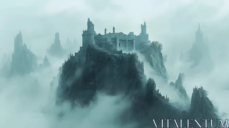 Fog-Shrouded Castle on Mountain Peak AI Image