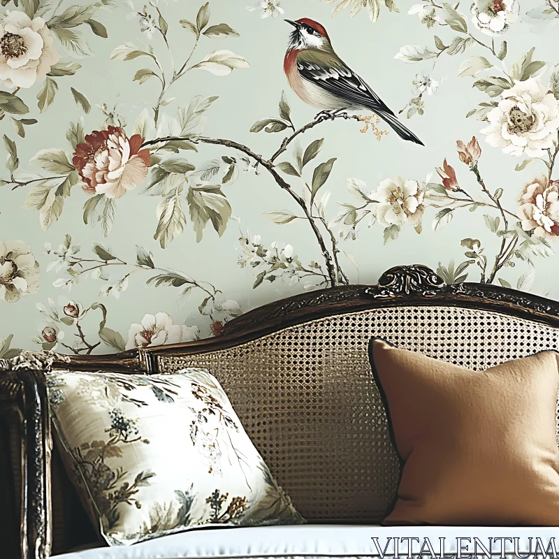 Vintage Floral Wall Art with Bird Motif AI Image