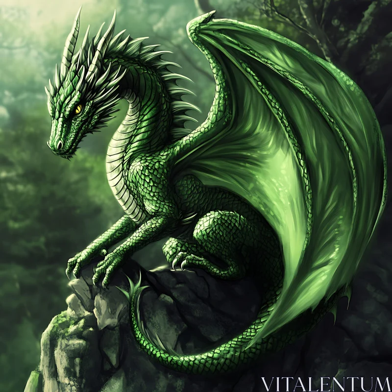 AI ART Emerald Dragon Perched on Rocks