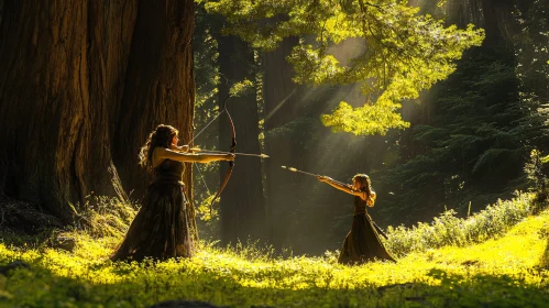 Women Archers in Golden Forest Light