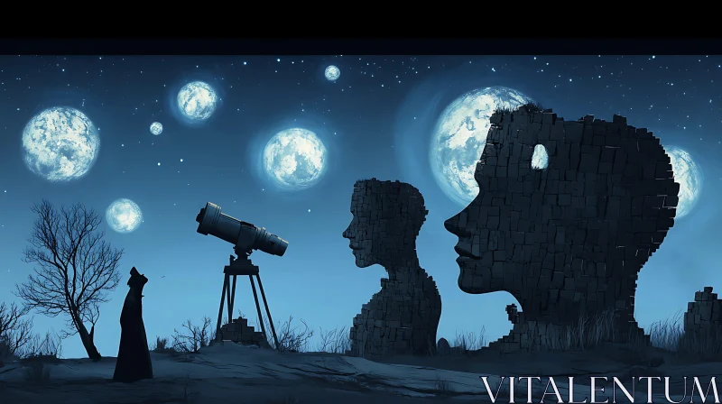AI ART Moonlit Stone Faces: A Surreal Composition
