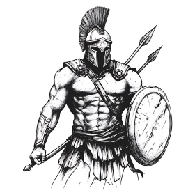 Monochrome Spartan with Shield and Spears