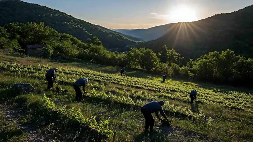 Harvesting Grapes at Sunset in the Hills