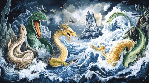 Ancient Sea Dragons and Dinosaur Illustration